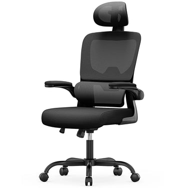 Black office chair with headrest on a white background